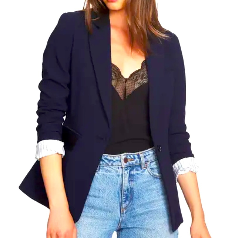 1.State Women’s One-Button Stretch Navy Blue Crepe Blazer Stripe Lining 18